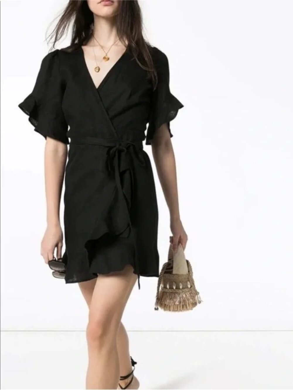 Honorine Edie Black Linen Ruffle Wrap Mini Dress